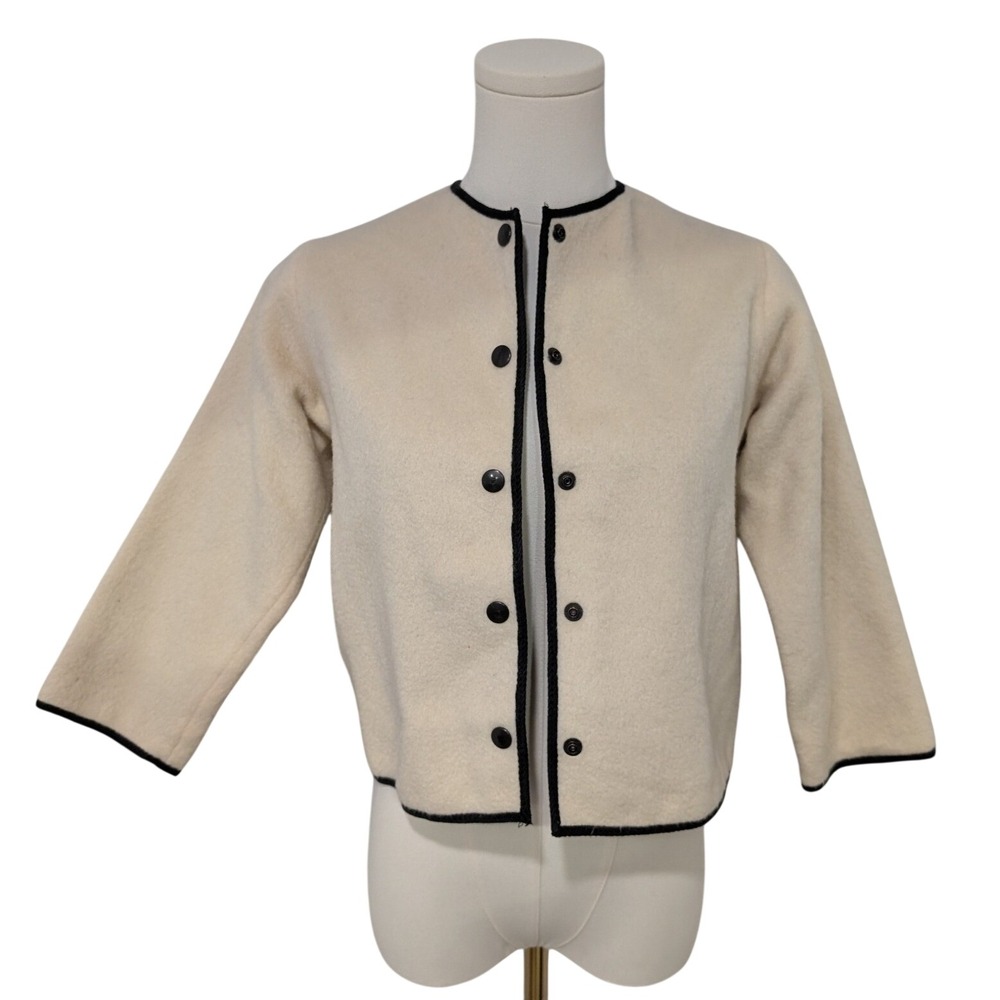Black Parrot Cream Knit Cardigan Black Trim Cropped 3/4 Sleeve 100%‎ Virgin Wool